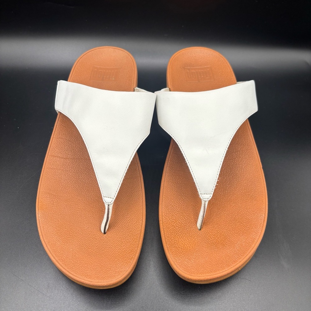 FitFlop Womens Lulu Toe Post Strap Leather Sandals Flip Flop White Brown Size 10